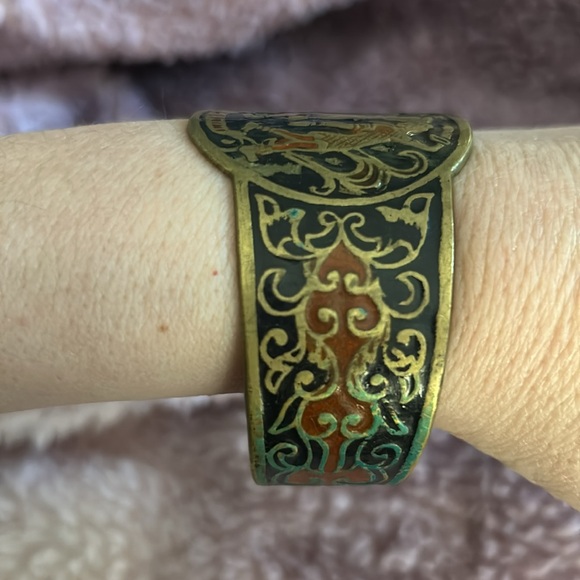 Vintage OLD Zodiac Gemini Enamel on Solid Brass Heavy Cuff Bracelet - Picture 11 of 16